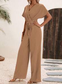 EMERY ROSE Women's Solid Color Crossed V-Neck Short Sleeve Wide Leg Casual Jumpsuit - Khaki - View 5