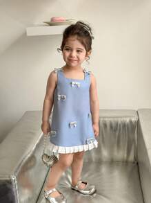 SHEIN Baby Girl Elegant Color Block Bow Decor Summer Dress - Blue - View 3