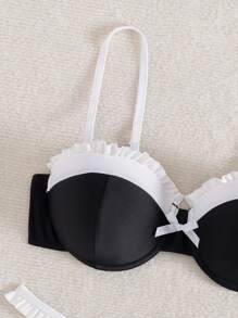 SHEIN 2 pièces Ensemble de bikini avec nœud à effet bicolore noir et blanc, volants élégants pour vacances à la plage pour femmes