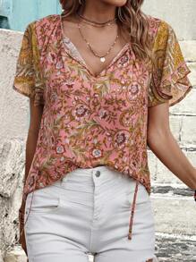 SHEIN LUNE Chemise de vacances décontractée à manches courtes avec imprimé aléatoire