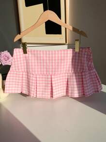 SHEIN Comfortcana Spring Break Plaid Print Mini Pleated Skirt - Pink - View 4