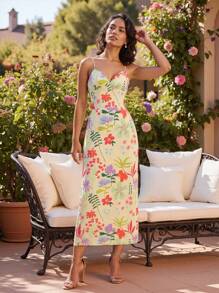 Miriam Omar Yellow Floral Print Satin Side Splits Spaghetti Straps Cami Dress Spring And Summer Dress For Women, Vacation Sundress, Rave, Prom Dress, Brunch Outfits, Tea Party Dress - Yellow - View 8