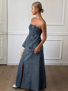 DAZY 做旧洗水吊带背心和牛仔开衩裙 2 件套 女式夏季 - 藍色 - 查看 5