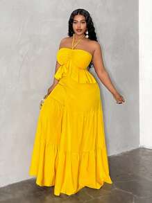 Maweii Plus Size Solid Color Strapless Sleeveless Simple Style Jumpsuit, Suitable For Summer - Yellow - View 5