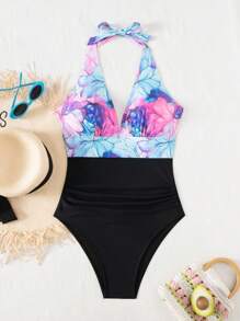 SHEIN Atuendo de verano para la playa para mujer, parte superior con estampado floral aleatorio combinada con pantalones fruncidos de unicolor, elegante traje de baño de una pieza