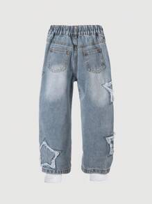 Young Girls Light Blue Denim Jeans With Star Embroidery, Relaxed Straight Leg, Fashion Streetwear Style, Spring/Summer - Light Wash - View 2