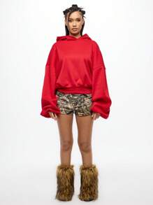 SUMWON WOMEN Oversized Cropped Hoodie Sweatshirt Casual Pullover Athletic Workout Loungewear Drawstring Hood Winter Fall Streetwear Athleisure Fashion - Red - View 3