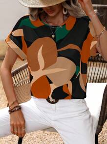 SHEIN Clasi 植物印花蝙蝠袖休闲度假衬衫