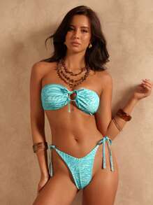 SHEIN Swim Women's Random Printed Bikini Top And Bottom Swimwear Set, For Summer Beach Vacation