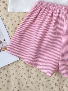 SHEIN 2pcs/Set Teen Girls' Bow Print Round Neck Short Sleeve White T-Shirt And Pink Striped Shorts Set, Suitable For Spring/Summer