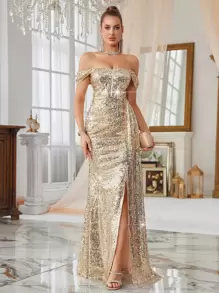 SHEIN Belle 女士金色亮片露肩无袖束腰高开衩长礼服，优雅舞会晚礼服，适合婚礼宾客、毕业典礼、返校节礼服、约会晚礼服、修身华丽化妆舞会礼服、不对称四季、派对礼服、礼服 - 金色 - 查看 3