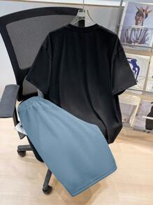 SHEIN 2pcsTeenboy Casual Versatile Comfortable Cost-Effective Casual Monogrammed Crew Neck T-Shirt And Gym Shorts Set;Suitable For Spring, Suitable For Spring/Summer Outing, Spring - Blue - View 4