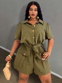 Slaydiva 2025 New Women Rave/Easter Outfit, Old Money Style, Country Concert Outfit, Going Out Outfit, Fairycore, Festival Outfit, Tropical Vacation Outfit, Summer Outfit, Rave, European Summer, Spring Outfit, Western Wear Plus, Concert, Graduation Outfit, Versatile All-Match Casual Utility Pocket Decorated Romper, Sleeveless Top, Shorts For Women, High Waisted Shorts - Army Green - View 6