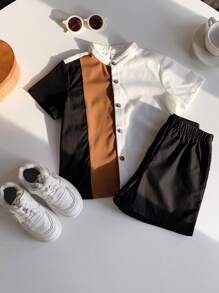 2 件套年轻男孩休闲运动学院艺术风格复古多色拼接立领衬衫和黑色短裤套装适合年轻男孩服装年轻男孩服装返校男孩西装适合生日派对、晚会、表演、婚礼、洗礼、开幕式、日常适合学校适合旅行适合度假适合春夏季