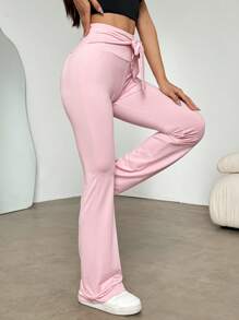 SHEIN Unity 粉色天然超弹力修身打底裤，前中系带，喇叭下摆，运动喇叭紧身裤，适合女士春夏