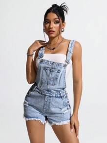 SHEIN EZwear 女士简约时尚牛仔连体裤，适合夏季 - 淺色水洗藍 - 查看 5