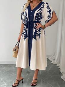 SHEIN Clasi Retro V-Neck Flare Sleeve Cinched Waist Floral Print Dress, Fashionable For Spring/Summer - Navy Blue - View 4