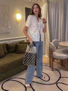 Pariaura 白色刺绣蕾丝拼接前系带浪漫优雅女式短袖衬衫