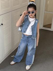 青少年女孩时尚优雅甜美酷炫 Y2K 漂白蓝色重磅星星铆钉宽松牛仔夹克和背心 - 淺色水洗藍 - 查看 5