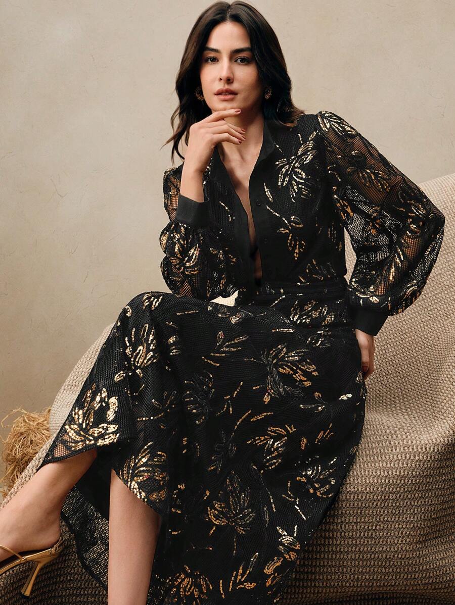 Anewsta Femme 2 pièces/Ensemble Top en dentelle et Jupe, Tenue de mode décontractée pour le printemps - Noir - Voir 1