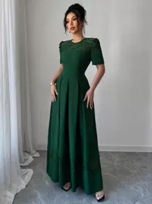 Rafferiza 女士优雅撞色蕾丝圆领泡泡袖绿色迷你连衣裙 - 綠色 - 查看 4
