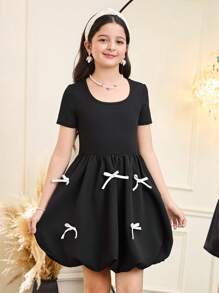 Tween Girls Fitted Casual Contrast Color Bow Decor Short Sleeve Flare Dress - Black and White - View 7