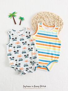 Cozy Pixies 2 Stück/Set Baby Jungen Cartoon Tier Muster gestrickte weiche Rundhals ärmelloser Lagen-Bodysuit Muster