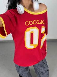 SHEIN Tween Girls Spring/Summer Casual Loose Asymmetric Neck Drop Shoulder Printed Number T-Shirt - Burgundy - View 4