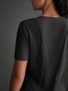 Powerista 女式纯色圆领短袖休闲运动T恤和背心健身衫 - 深灰色 - 查看 14