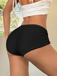 SHEIN EZwear 女士纯色松紧腰荷叶边休闲短裤 - 黑色 - 查看 2