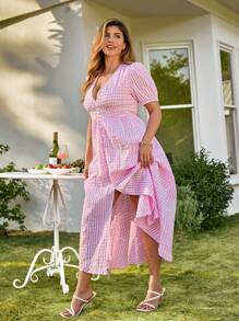 KURAYIA Plaid Deep V-Neck Short Sleeve Shirt Dress With Side Split, Plus Size - Pink - View 5
