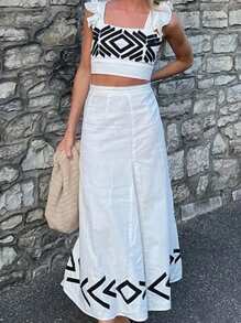 SHEIN VCAY Women's Spring Summer Boho 2pcs/Set Women Holiday Woven Printed Crop Cap Sleeves Top & High Waist Long Skirt Vacation Wear 2 Pieces Sets Woman Easter Outfit Women Beach Outfits For Woman Vacation Outfits Woman 2pcs/Set Beach Outfits For Woman