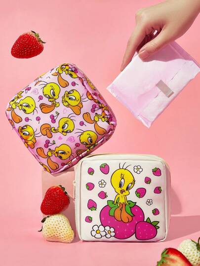 LOONEY TUNES X SHEIN 1 件 RPET 可爱卡通崔弟鸟和草莓印花卫生巾收纳袋，可用作女性卫生用品收纳袋、数码收纳袋、小物品收纳袋