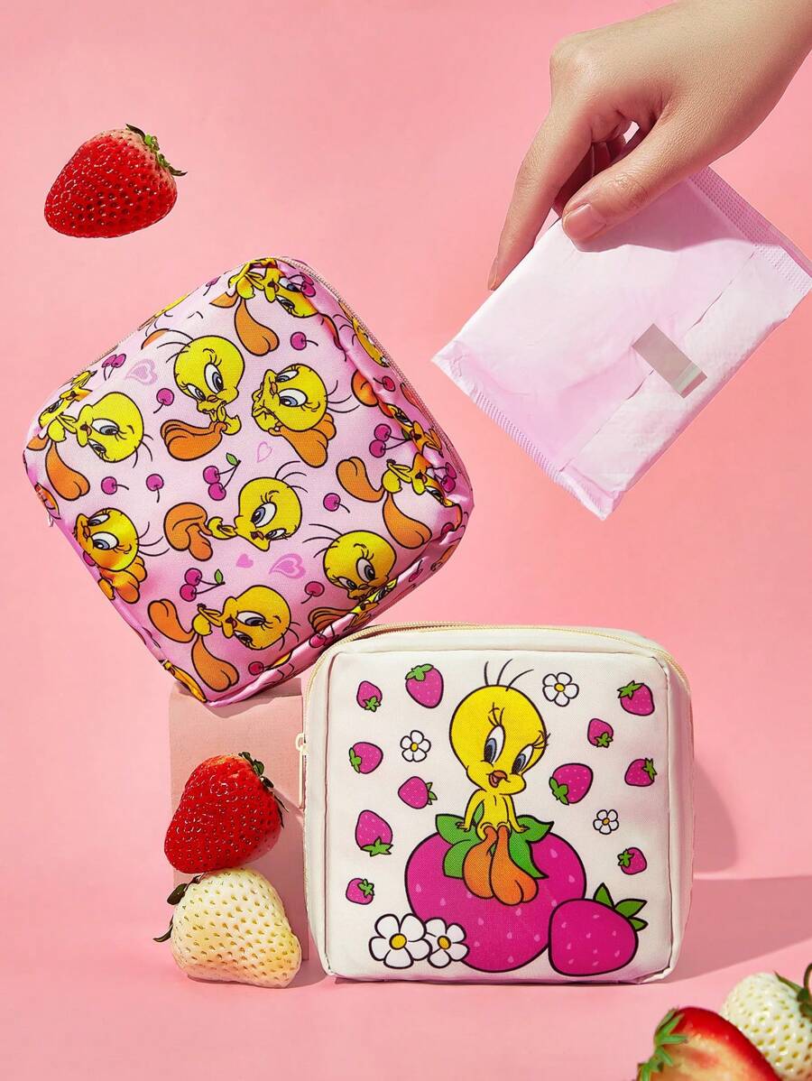LOONEY TUNES X SHEIN 1 件 RPET 可爱卡通崔弟鸟和草莓印花卫生巾收纳袋，可用作女性卫生用品收纳袋、数码收纳袋、小物品收纳袋