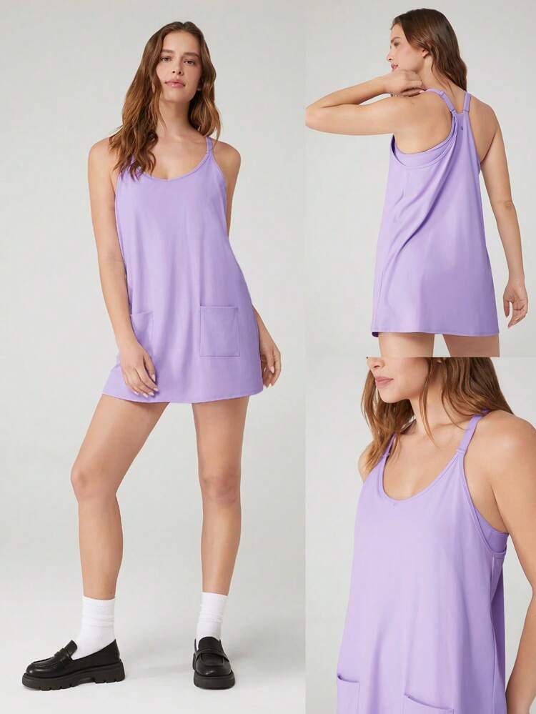 FeatherFit™-Air All-Day Play Sweat-Wicking Quick-Dry Peekaboo Adjustable Round-Neck Dress With Built-In Shorts Side Pockets Non-Slip Grips Low Impact Yoga Pilates Studio Daily Casual Wear Removable Cups
