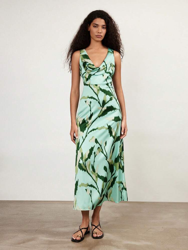 SHEIN Maija Women's Green Floral Print Draped Neck Sleeveless Satin Dress, Holiday Beach Fashion Elegant Dress Summer