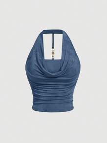 SHEIN MOD 加大码灰蓝色垂坠露背金属装饰扣，巡航女士，90 年代，秋冬女士，晚宴，生日女士，返校节 - 霧霾藍 - 查看 2