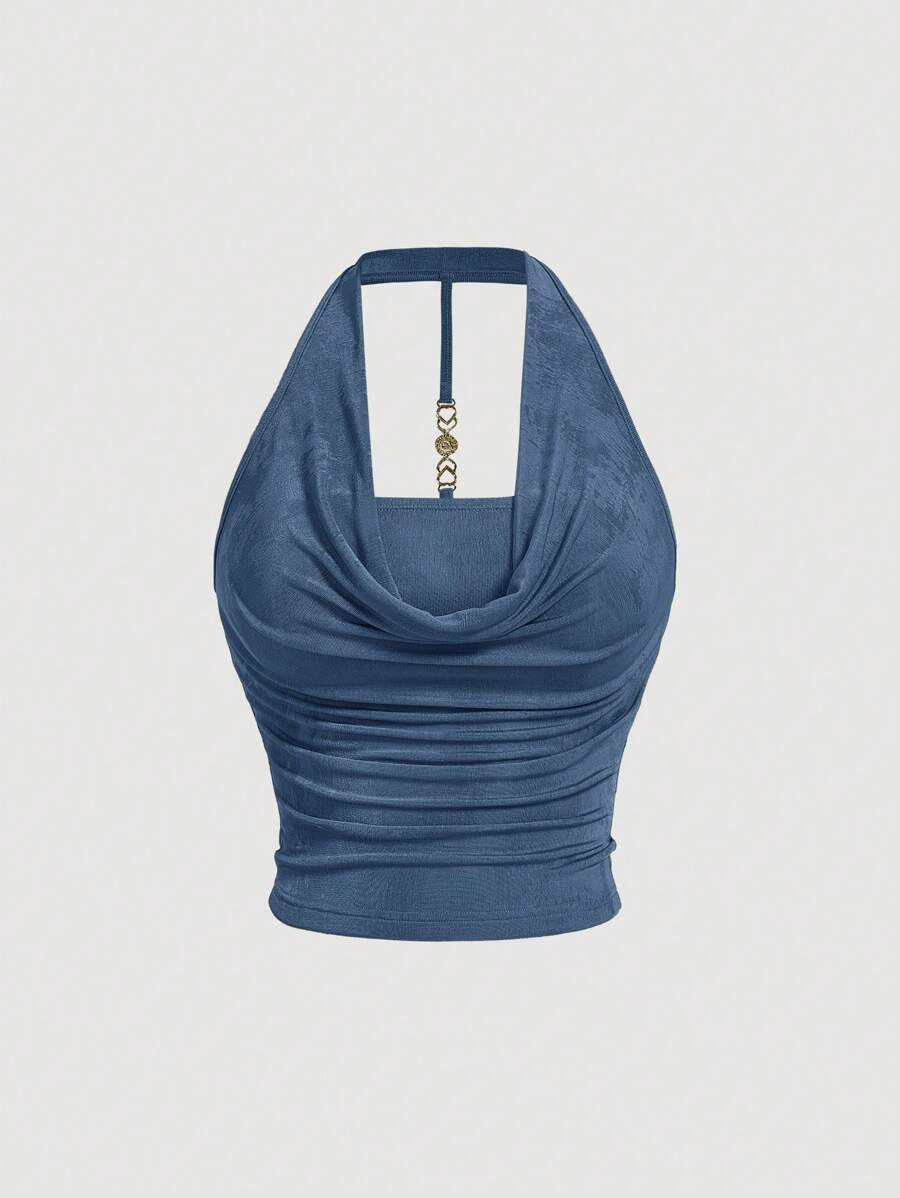 SHEIN MOD 加大码灰蓝色垂坠露背金属装饰扣，巡航女士，90 年代，秋冬女士，晚宴，生日女士，返校节