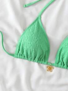 Swim Mod Beach Summer For Women, Textured Fabric Solid Color Women's Halter Triangle Bikini Top - Green - View 5