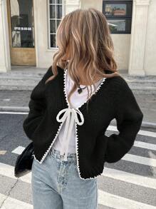 Serisse Women's Casual Color Block Trim Drawstring Cardigan,Knitted Sweater In Fall/Winter Black - Black - View 3