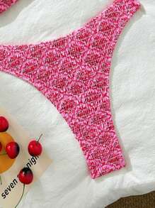 Swim Mod Women Beach Summer Outfits Bikini Set: Random Printed Spaghetti Strap Halter Neck Backless Tank Top And Random Printed High Cut Brazilian Briefs Bottom - Pink - View 5