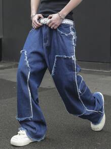 Manfinity EMRG Men's Casual Washed-Effect Wide Leg Loose Jeans - Dark Wash - View 7