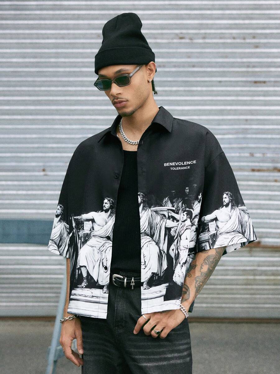 AXEPEAK Men's Loose Digital Print Short Sleeve Woven Shirt, Streetwear Ready, Suitable For Summer - Black - View 1
