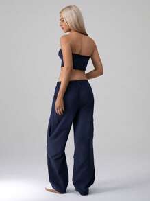 TRNVIE 2pcs Women Solid Color Cropped Tank Top & Camo Cargo Pants Co-Ord Set - Navy Blue - View 2