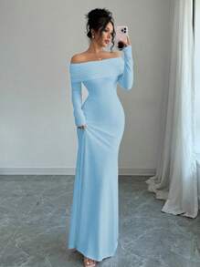 Rafferiza Sexy Elegant Fitted Long Sleeve Cinched Waist Double Layer Off-Shoulder Backless Twist Fishtail Hem Ribbed Knit Dress, White, Autumn/Winter Maxi Women Outfit - Baby Blue - View 4