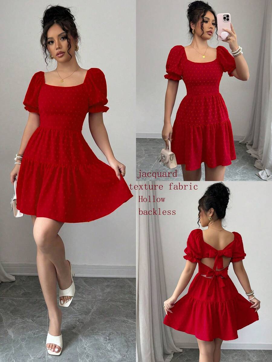 SHEIN Holidaya Vestido con volantes en el bajo, espalda descubierta y lunares para Año Nuevo, vacaciones y atuendos de playa para mujer - Rojo - Ver 1