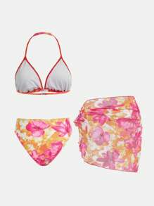 SHEIN Teen Girl 3-Piece Set: Orange Floral Print Swimwear Top, Bottoms, & Tied Skirt For Spring