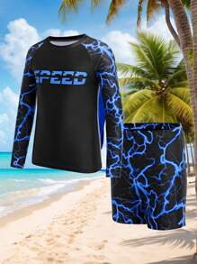 SHEIN Leap Crew 2pcs/Set Tween Boy Holiday Casual Lightning Bolt & Letter Graphic Long Sleeve T-Shirt And Skinny Shorts Swimwear Set, Suitable For Summer, Outdoor, Beach, Swimming - Blue - View 2