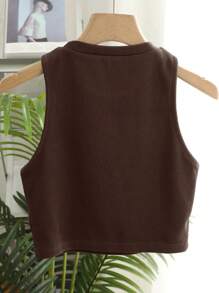 DAZY Top de tirantes corto de punto casual de unicolor para mujer - Marrón - Ver 3