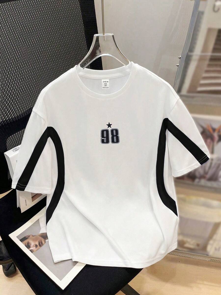 SHEIN 青少年男孩休閒寬鬆運動風拼色設計短袖上衣，舒適百搭，適合外出穿著 - 黑與白 - 查看 1
